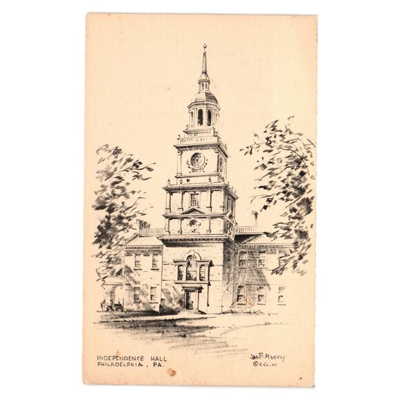 Vintage Independence Hall Philadelphia Postcard Lith O Sketch Art Card Collect - Picture 1 of 2
